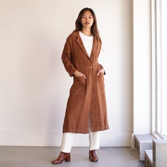 Esby Baronne Linen Duster in Suede Brown Size XS - Picture 1 of 5